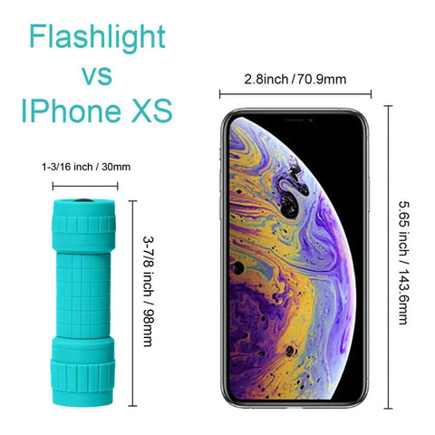 Size comparison of Ten Pack Mini LED Flashlights Each 100 Lumens With Pre Installed AAA Batteries Included and iPhone XS.