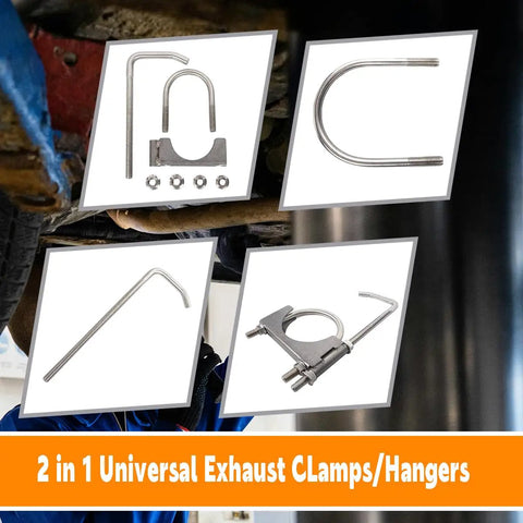 Beefy Heavy Duty Stainless Steel Exhaust Clamp With Hanger Rod For Two And A Half Inch Exhaust Pipes in multiple angles