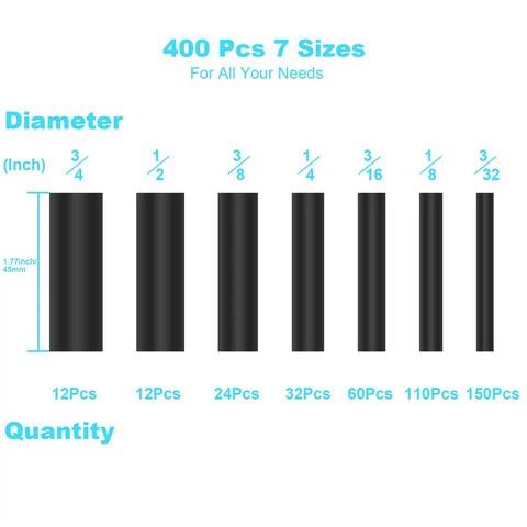 400 Pcs Wire Heat Shrink Tubing Kit With Adhesive Lined, various sizes displayed, black tubes, industrial marine grade