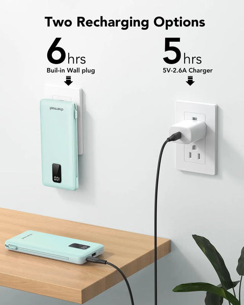Portable Charger With Built In Cables And Plug 10000mAh USB C Power Bank Fast Charging Slim External Battery Pack Travel Essential