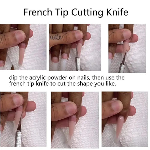 All In One French Nail Tip Cutter Kit With 3 Deep Smile Line Cutters 2 French Acrylic Brushes 1 Cutting Knife 5 Spare Blades in use