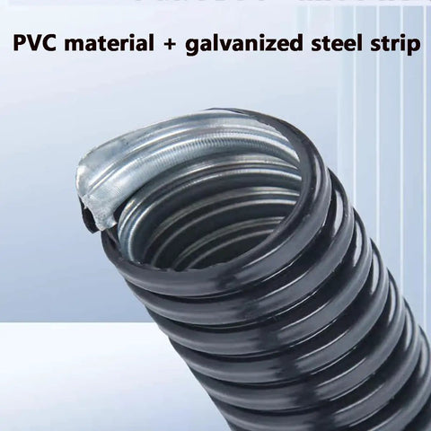 Heavy Duty Flexible PVC Coated Steel Conduit For Cable Protection Rugged Corrugated Electrical Tubing And Wire Loom With Rock Solid Grip For Home Auto Or Garage Installations 12Mm X 5M close-up of PVC and galvanized steel tubing