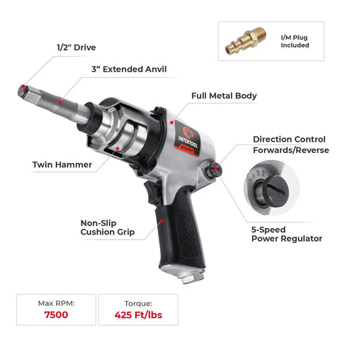 Air Impact Wrench One Half Inch Square Drive With Three Inch Extended Anvil For Lug Nuts And Bolts, auto and construction repair