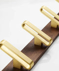 Heavy Duty Solid Wood Wall Hooks Slick Brushed Gold Finish Double Arm Coat Rack with four loops on wood mount