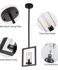 Close-up of Modern Black Mini Pendant Lights Three Pack With Square Metal Frame And Glass Shade Industrial Hanging Ceiling Chandeliers details.