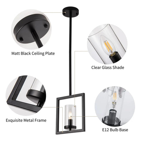 Close-up of Modern Black Mini Pendant Lights Three Pack With Square Metal Frame And Glass Shade Industrial Hanging Ceiling Chandeliers details.