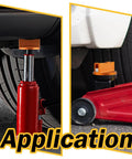 Robbor pinch weld jack pad, orange aluminum jack puck with magnetic base, shown on a floor jack.