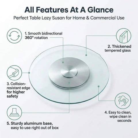 360 Degree Silent Spinner Glass Lazy Susan For Tabletop, clear tempered glass with sturdy aluminum base and safety edge details