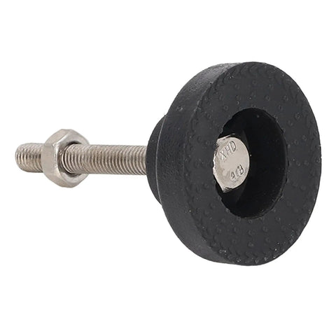 Heavy Duty Swivel Leveling Mounts With Tough Adjustable Furniture Feet Bringing Rock Solid Stability And Knocked Out Wobble Featuring Round M8 Base Durable Alloy Steel Nylon Rubber Design Perfect For Tables Chairs And Shelving Includes Two Piece Set close-up of adjustable foot with threaded rod and rubber base