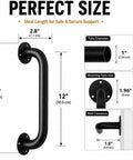 Heavy Duty 12 Inch Black Metal Wall Mount Stair Handrail Grab Bar dimensions with tube diameter and mounting plate size.