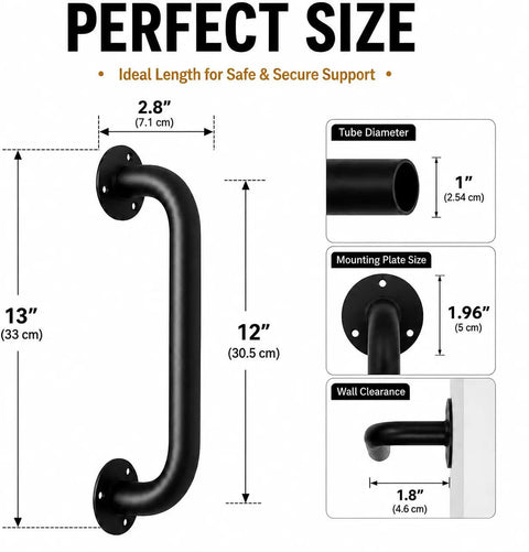 Heavy Duty 12 Inch Black Metal Wall Mount Stair Handrail Grab Bar dimensions with tube diameter and mounting plate size.