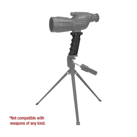 Accu-Grip Handheld Tripod System attached to spotting scope, displaying ergonomic finger-grooved grip, stable support on tripod