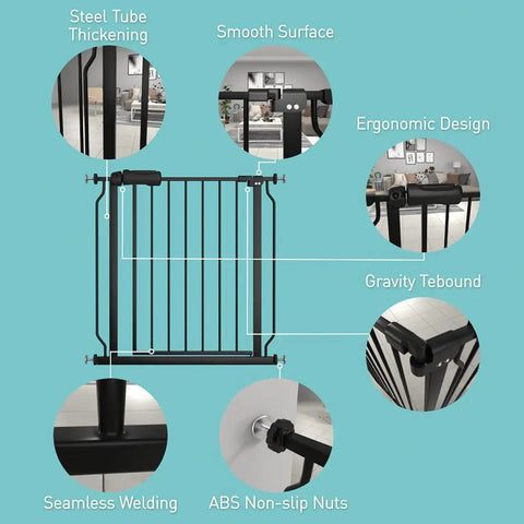 Details of Extra Wide Walk Through Baby Gate For Stairs Doorways And Kitchen 62.19 To 66.92 Inches Adjustable Pressure Mounted Auto Close Black Metal
