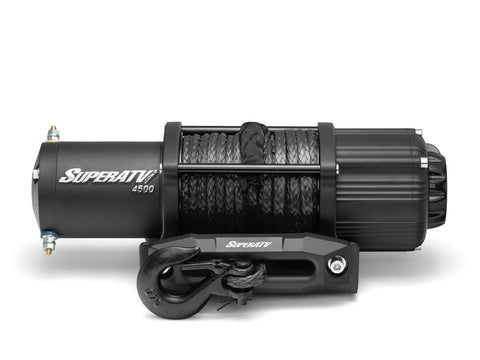 SuperATV 4500 lb winch in black with braided steel cable and hook