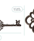 Brown Cast Iron Skeleton Key Wall Hook With Three Heavy Duty Coat Holders For Classic Farmhouse Vibes and Simple Down Home Entryway Organization Built Rock Solid For Everyday Hanging, showing key details and dimensions.