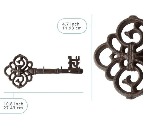 Brown Cast Iron Skeleton Key Wall Hook With Three Heavy Duty Coat Holders For Classic Farmhouse Vibes and Simple Down Home Entryway Organization Built Rock Solid For Everyday Hanging, showing key details and dimensions.