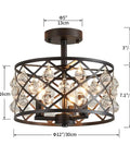 Farmhouse Semi Flush Mount Ceiling Light With Crystal Teardrops, Matte Black Finish, E12 Base, 3 Lights, Drum Net Shade