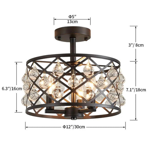 Farmhouse Semi Flush Mount Ceiling Light With Crystal Teardrops, Matte Black Finish, E12 Base, 3 Lights, Drum Net Shade
