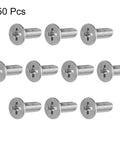 M4x12mm Flat Head Machine Screws With Phillips Drive 304 Stainless Steel Fasteners 50 Piece shown in rows, strong for outdoor use.