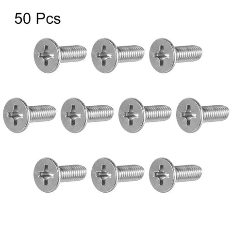 M4x12mm Flat Head Machine Screws With Phillips Drive 304 Stainless Steel Fasteners 50 Piece shown in rows, strong for outdoor use.