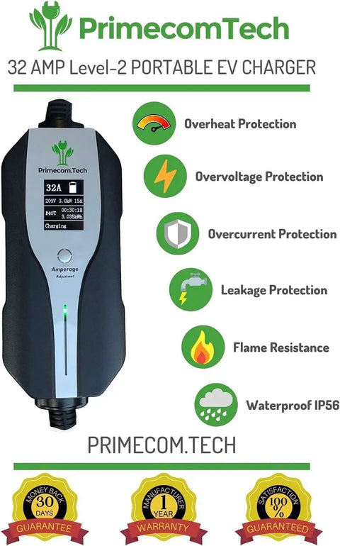 Tesla Level 2 EV Charger 240V 32A And 40A Dual Rate NEMA 14-50 Home EVSE With protections like waterproof IP56 visible