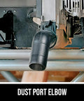Dust port elbow of Tough Workhorse 10 Inch Worm Drive Table Saw With Rolling Stand and Precision Fence for effective dust collection.