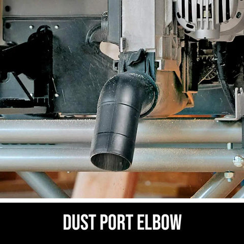 Dust port elbow of Tough Workhorse 10 Inch Worm Drive Table Saw With Rolling Stand and Precision Fence for effective dust collection.