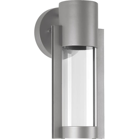 Modern Outdoor LED Sconce In Gray, Compact 12X5 Inch Wall Light with clear glass diffuser, weather resistant porch accent.