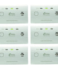 Six pack of Carbon Monoxide Detector With 10 Year Battery, 3 LED Lights And Alarm Memory, compact wall-mounted units shown.