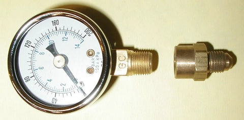 Oil burner fuel pressure test gauge, 0–200 PSI, with brass fittings; front view