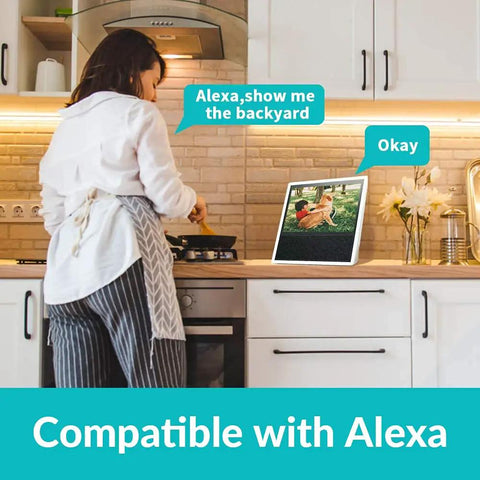 Person using Alexa-compatible device to view outdoor feed from Outdoor Security Camera With WiFi Bullet 1080P HD Two Way Audio IP66.