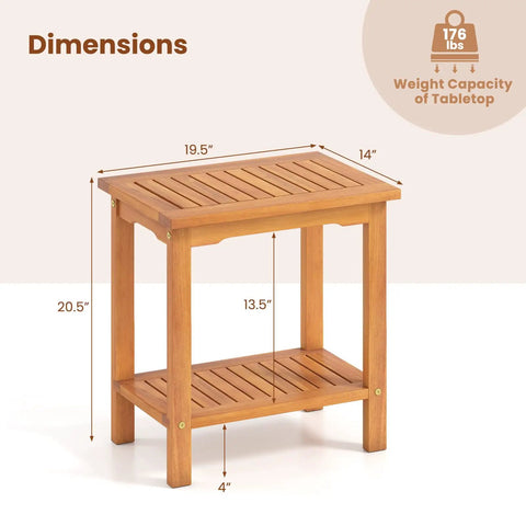 Acacia Wood Outdoor Side Table With Slatted Top And Two Tier Storage Shelf For Backyard Poolside Patio Or Indoor Use Built To Last In Natural Finish No Fuss Durability dimensions 19.5x14x20.5 inches