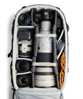 Interior of Pro Trekker BP 650 AW II Outdoor Camera Backpack with Weatherproof Cover showcasing space for DSLR, 800mm lens