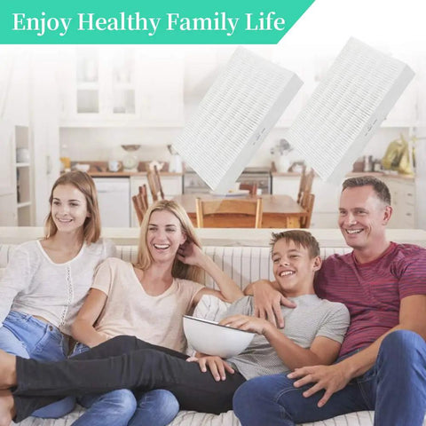 Family in living room with Honeywell air purifiers, showcasing 4 Pack Filter R Replacements For Honeywell HRF R1 R2 R3 Pro Grade Filters For HPA Series Easy Install Durable Composite Paper No Fuss Fit Long Lasting Cleaner Indoor Air.