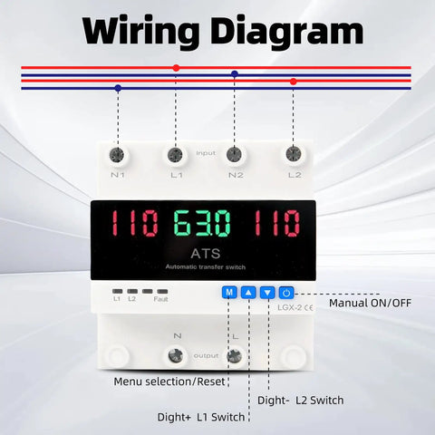 63A 2P Dual Power Automatic Transfer Switch For Generator And Backup Power With LED Display 110V 50 Hz And 60 Hz Adjustable Auto Manual Switching For Reliable Power Transfer wiring diagram
