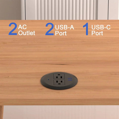 Two Pack Desktop Power Grommet PD20W Fast Charging USBC flush mount desk outlet with 2 AC and 2 USB-A ports.