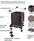 Diagram of 56 Inch Raised Garden Bed with Tomato Cage and Trellis showing self-watering features, lockable wheels, and drainage points.