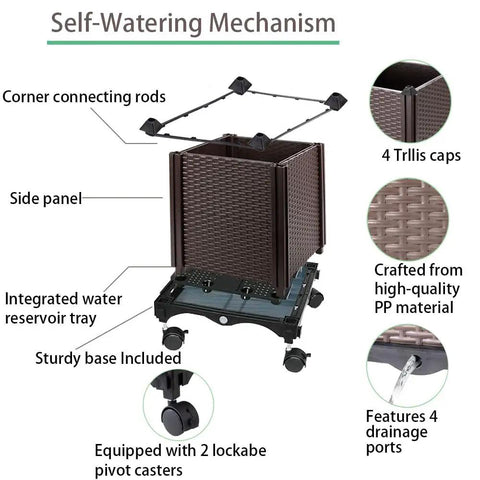 Diagram of 56 Inch Raised Garden Bed with Tomato Cage and Trellis showing self-watering features, lockable wheels, and drainage points.