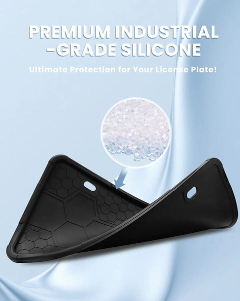 Two Pack Silicone License Plate Frames Black For Front And Rear Mounting On Cars And Trucks Universal US Plate Holder Rust Proof Rattle Proof Weatherproof Easy Install Mounting Kit Accessories, close-up of premium industrial-grade silicone material.