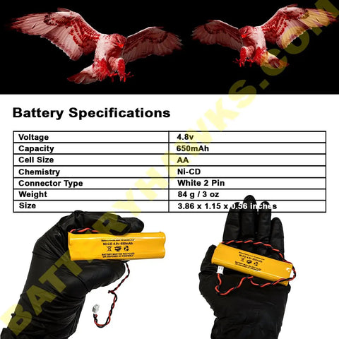 Five Pack Ni Cad AA 650mAh Rechargeable Battery Pack For Exit Signs And Emergency Lights 4.8V All Fit E1021R D AA650B 4 Replacement EJW Ni Cad BYD Compatible Ready To Roll Backup Power held in gloved hands