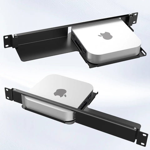Slick 1U Rack Mount Bracket For Mac Mini Featuring Integrated Hinges And Dual Pivot Arms For No Sweat Hook Up Inside 19 Inch Server Network Cabinets With Rock Solid Stability, displaying Mac Mini in a steel bracket.