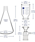 Vacuum Filtration Set With Borosilicate Glass Filter Flask 1000 Milliliters, 10 Micron Sand Core Filter Plate, And 300 Milliliters Graduated Beaker For General Filtration And Precise Vacuum Filtration In The Lab, showing dimensions of each component.