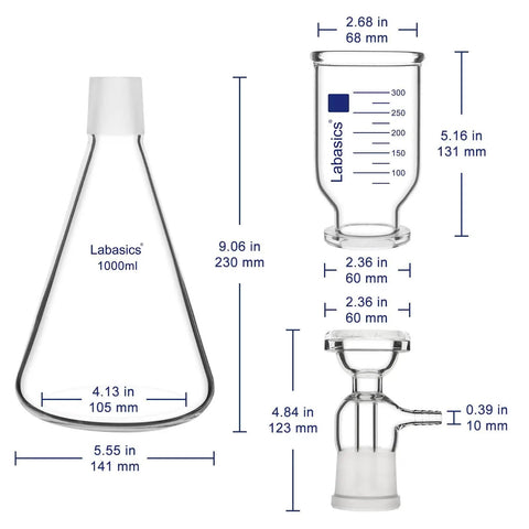 Vacuum Filtration Set With Borosilicate Glass Filter Flask 1000 Milliliters, 10 Micron Sand Core Filter Plate, And 300 Milliliters Graduated Beaker For General Filtration And Precise Vacuum Filtration In The Lab, showing dimensions of each component.