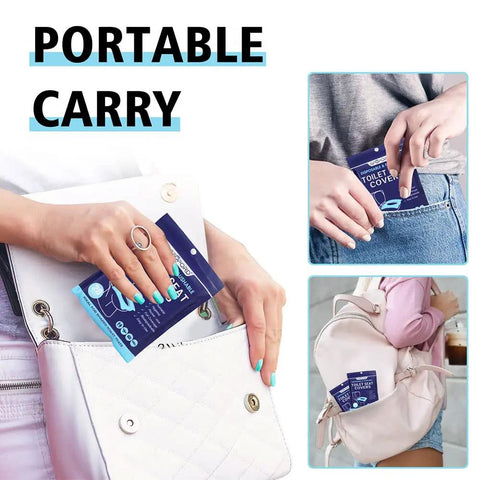 XL 100 Count Disposable Toilet Seat Covers Flushable Paper for Travel shown in pocket and bag for easy portable carry