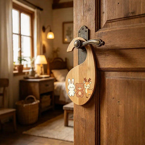 2 Piece Heavy Duty Acrylic Baby Closet Divider Router Template With Curved Hanger Cutting Stencil on a rustic wooden door