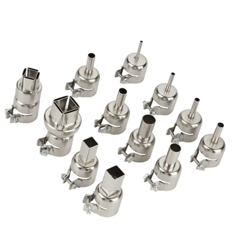 Heat Proof Nozzles Kit For 850 Hot Air Soldering Station 12 Piece Set With Round And Square Tips Displayed On White Background