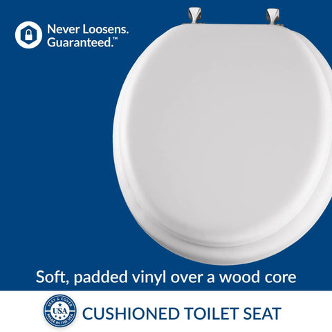 Padded Toilet Seat With Chrome Hinges, Soft Vinyl Over Wood Core, Round White, Top View, Comfy Cushion For Enhanced Comfort