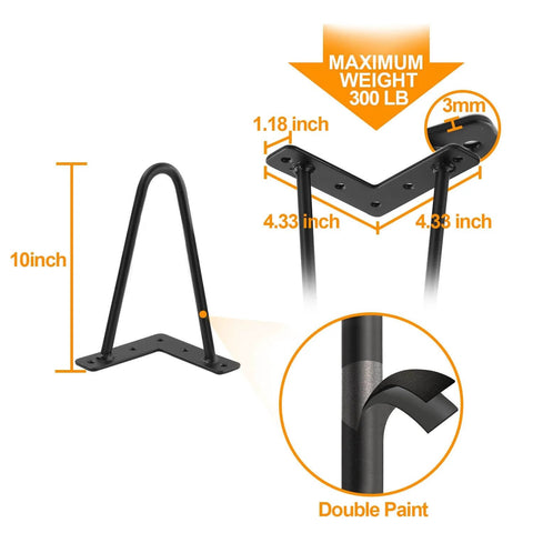 Heavy Duty Hairpin Leg Set For Furniture 10 Inch Three Eighths Inch Solid Iron Black Metal Table Legs 300 lb Capacity