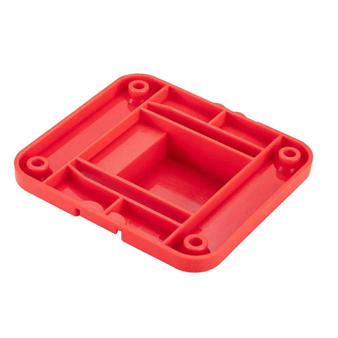 Red plastic wall mount tool hanger base for Craftsman 20V drills, part of 5 pack tool holder organizer for workshop garage van and under shelf.