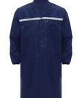 Mens Workshop Coat Long Sleeve Wear Resistant Lab Jacket Uniform Navy Blue Large Durable Workwear For Mechanics And Builders With Front Button Closure Pen Pocket Chest And Two Large Patch Pockets, front view